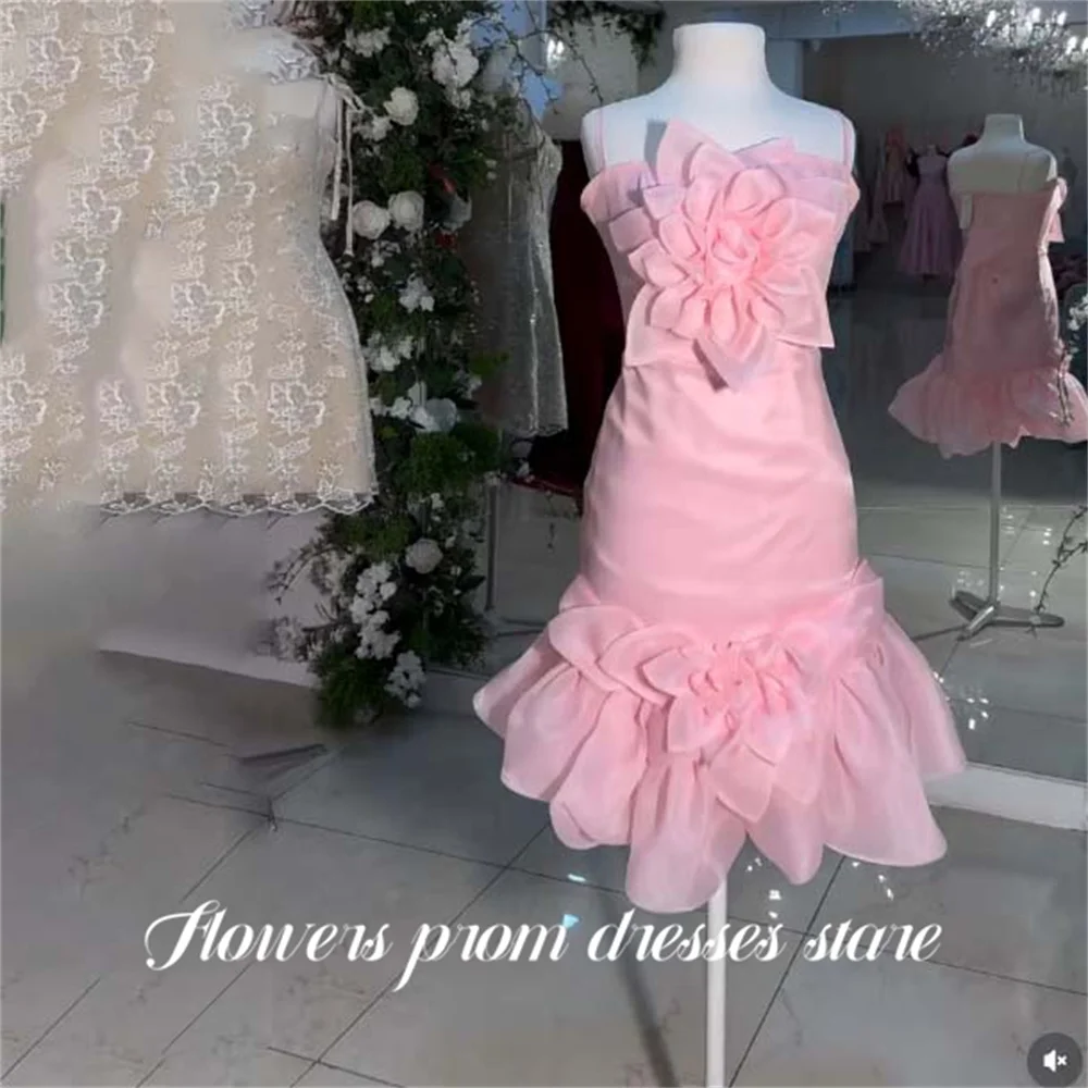 

Flowers Pink Organza Party Dress Sleeveless Mermaid Evening Dress with Big Flowers فساتين السهرة Ruched Customized
