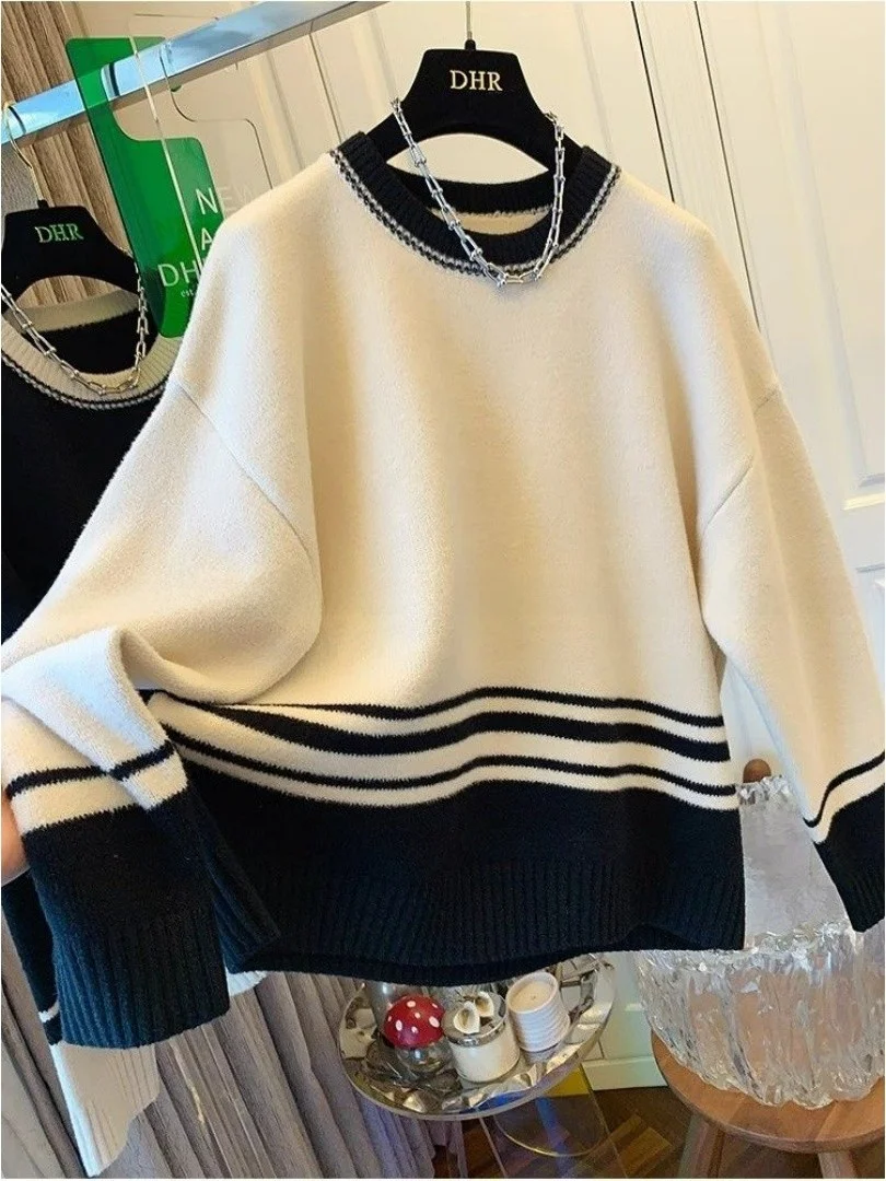 

Свитер большого размера (300 Pou) в корейском стиле, в полоску, с длинными рукавами, вязаный, осенне-зимний, свободный, повседневный, с круглым вырезом