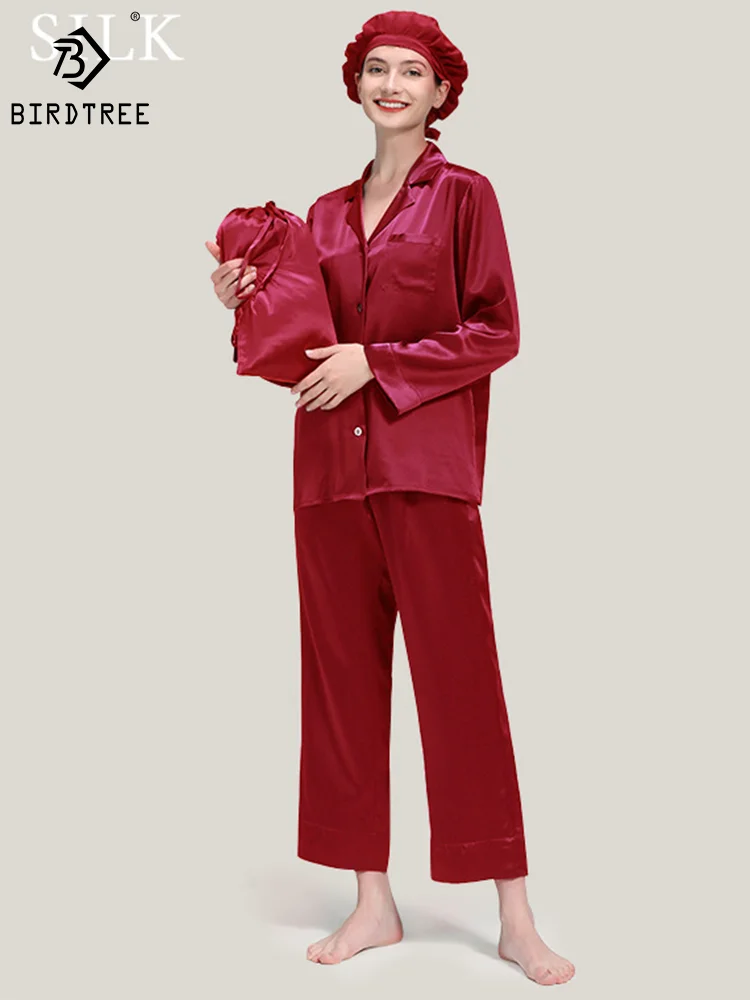 

Birdtree 25MM 100%Mulberry Silk Pajamas Set With Nightcap Women Home Clothing Long Pants Elegant Loungewear 2024 Spring S3D043QM