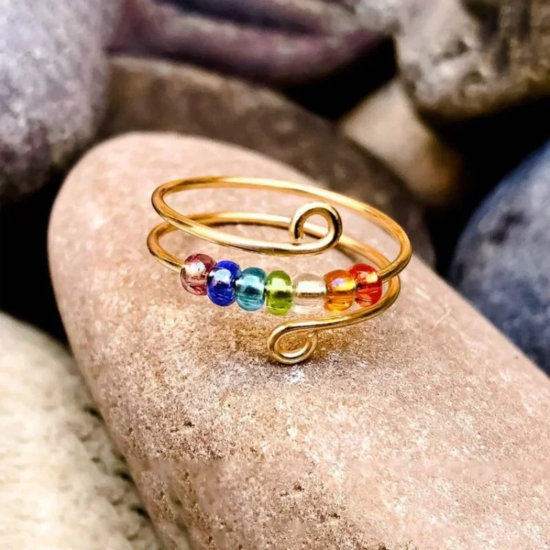 Trumium 925 Sterling Silver Boho Rainbow rings for women Spinnning Anxiety Beaded Wind Wire Rotatable Fidget Ring Adjustable