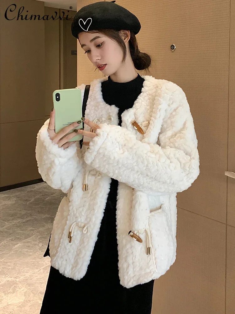 Korean Style Fashion Round Neck Long Sleeve Women\'s Woolen Coat 2023 Autumn Winter Commute Style Horn Button Pocket Short Coat