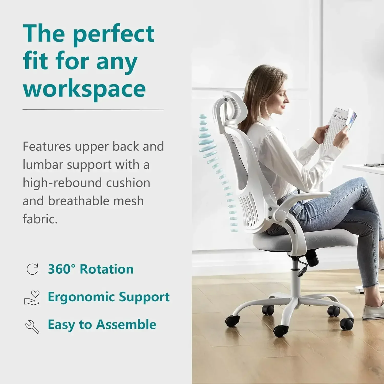 SMUG Office Computer Desk Chair, Ergonomic High-Back Mesh Rolling Work Task Chairs with Wheels and Adjustable Headrests