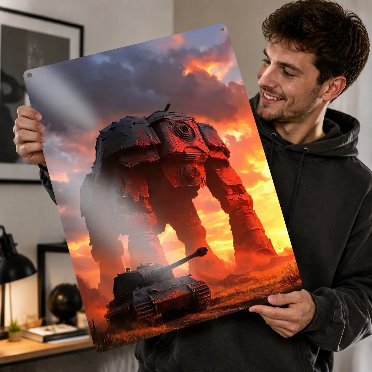 Giant Mech and Tank in Fiery Sunset 3D Printed Texture Poster Personalized Wall Art Retro Metal Tin Signs for Home Decoration