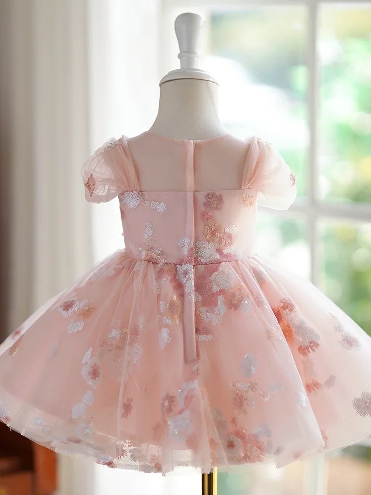 Robe Tutu de Princesse pour Petite Fille, Tenue de Soirée à Fleurs, Paillettes, Perles, Rose Aviation, pour Enfants