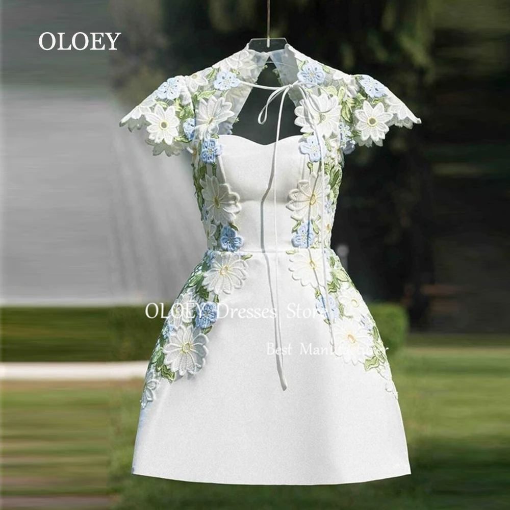 

OLOEY Exquisite A Line Mini Wedding Dress Korea Photoshoot Sweetheart Appliques Short Bridal Gown Pleats Satin Ivory Formal Gown