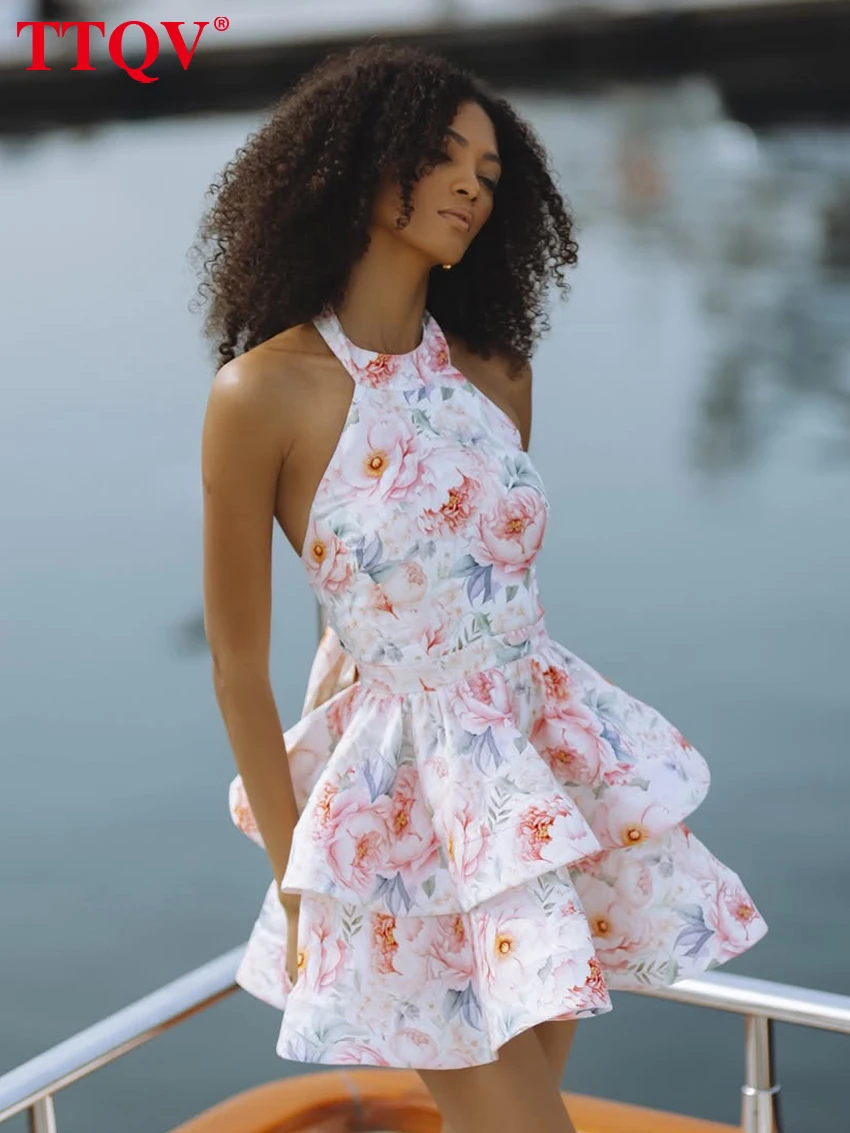 

TTQV Summer Slim Print Women's Dress 2026 Sexy Halter Sleeveless Mini Dresses Elegant High Waist Pleated Female Dress Streetwear