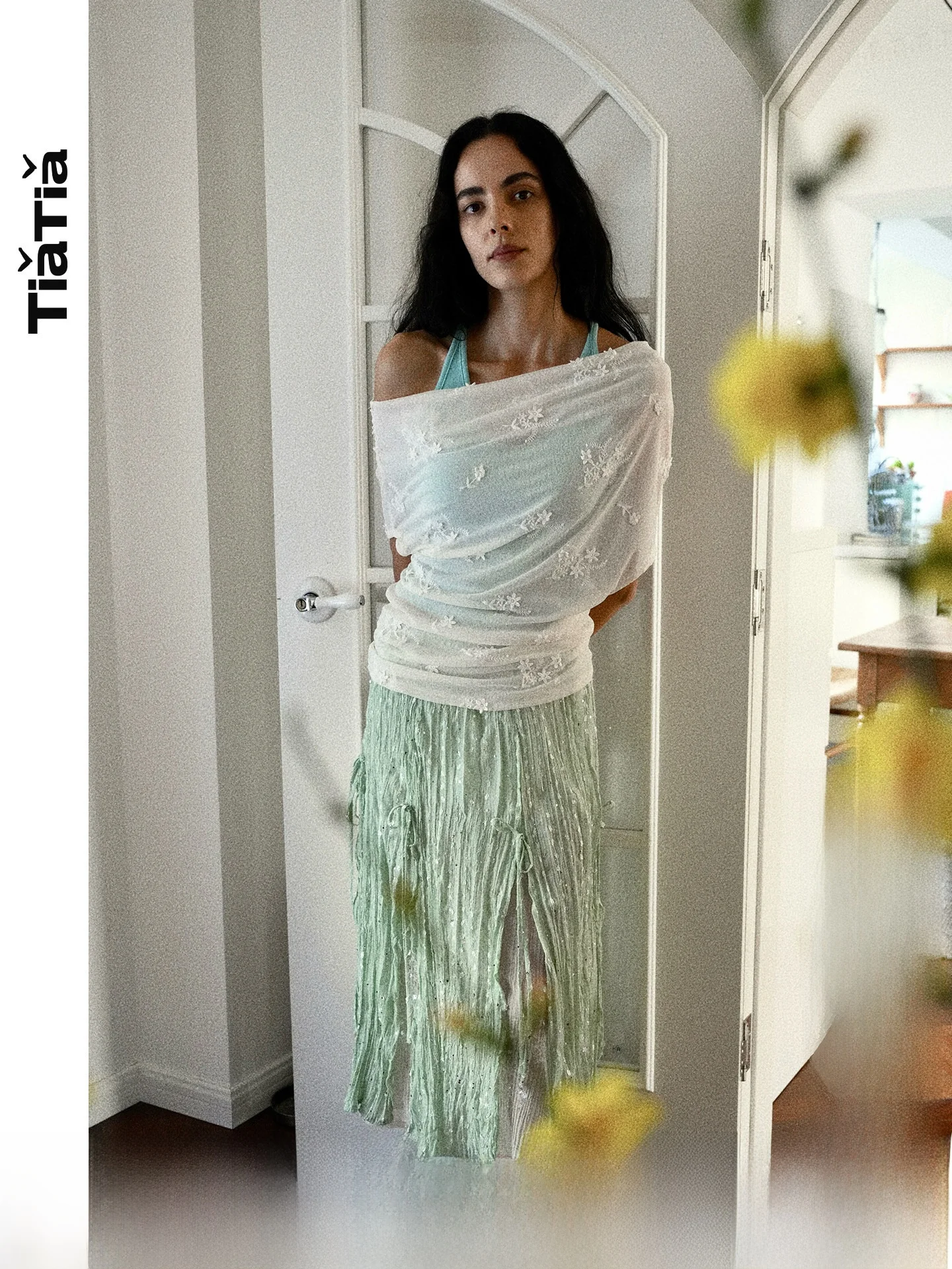 

TiaTia26 Spring Summer New Loose Fit Mint Color Asymmetrical Shoulder T-Shirt Mesh Two-Piece Set Women's Cotton round Neck Top