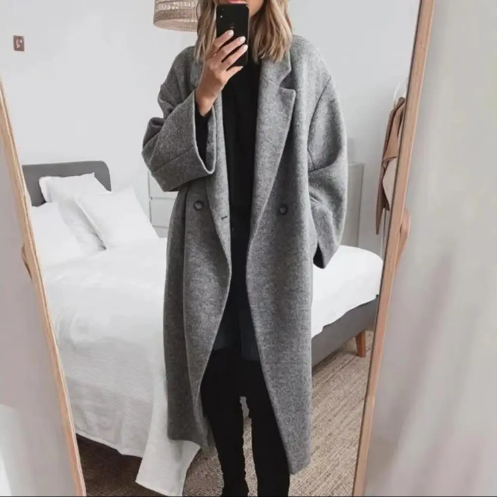 Women Woolen Jacket Double Button Closure Windbreaker Mid Length Thermal Long Sleeved Coat Commuting Dating Fall Winter Overcoat