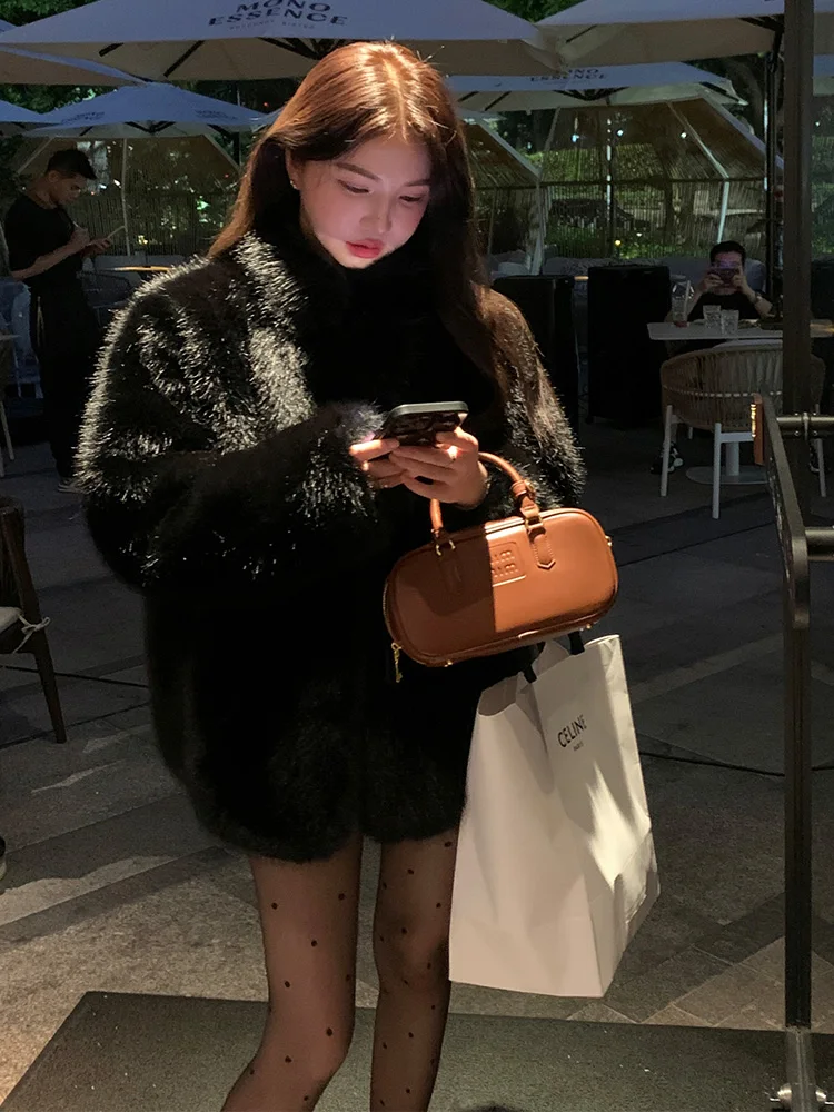Luxury Women Winter Long Faux Mink Fur Coat Candy Color Long Sleeve Fluffy Faux Sheep Fur Jacket Cardigan Black Trench Tops Wh68