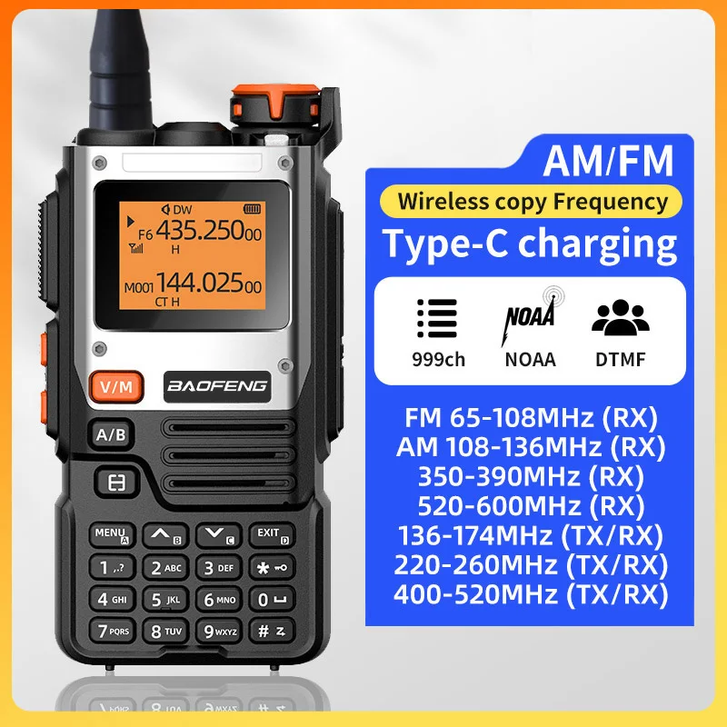 Baofeng UV-K61 Walkie Talkie 10W Radio Airband 999 Channels Weather Alarm UHF VHF Type-C Charging DTMF FM NOAA Encoder Wireless