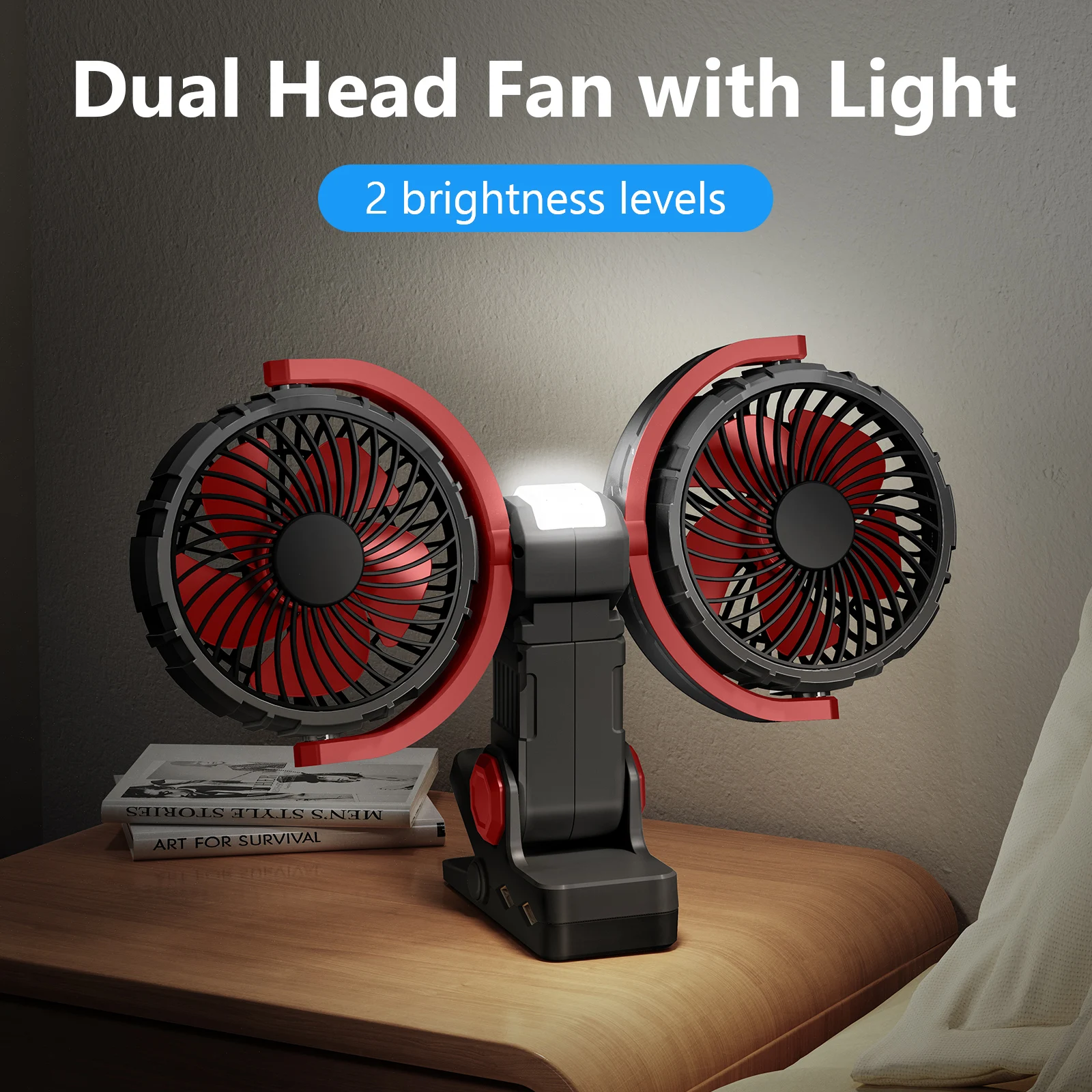 Hipacool Car Clip Dual Head Fan 360° Rotatable 3-Speeds Two Light 4000mAh USB Rechargeable Desktop Wall Mounted Air Cooling Fan