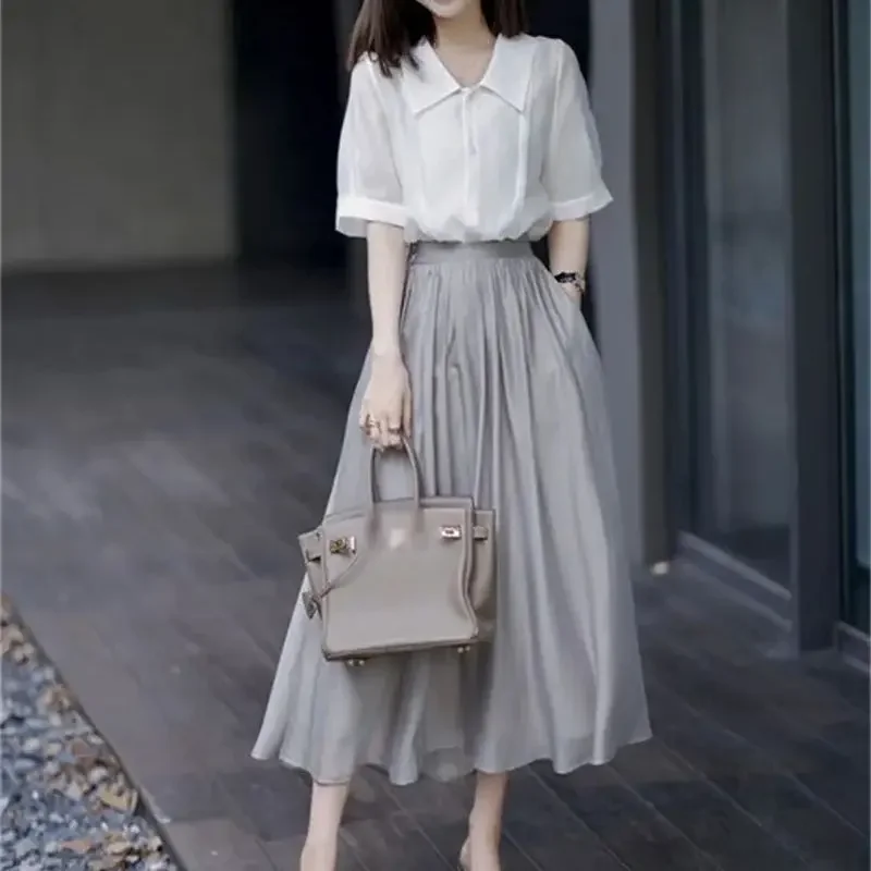 ใหม่ Elegant ฤดูร้อนกระโปรงผู้หญิงแฟชั่นเอวสูงสีทึบ Draped A-Line Midi กระโปรง Casual หลวม Flared Swing Jupe
