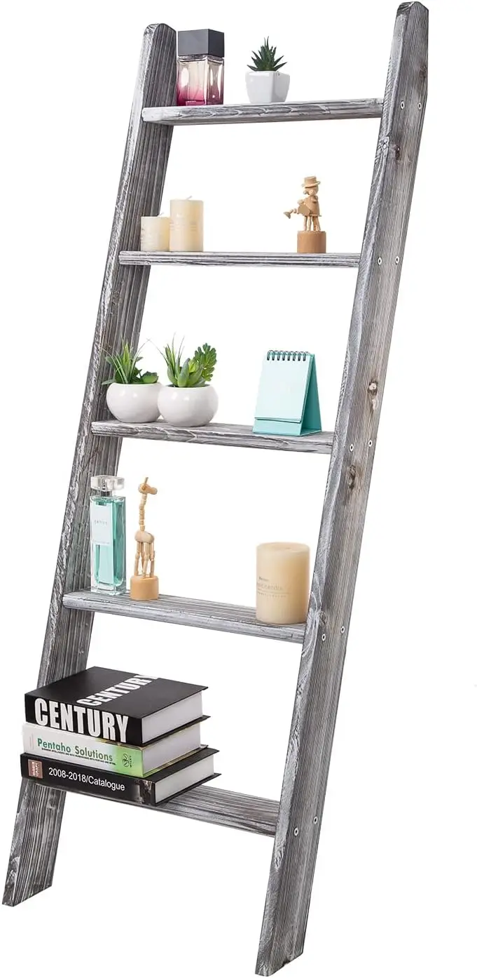 

5-Tier Wall-Leaning Wood Ladder Towel Rack, Rustic Farmhouse Blanket & Linen Organizer (Grey)