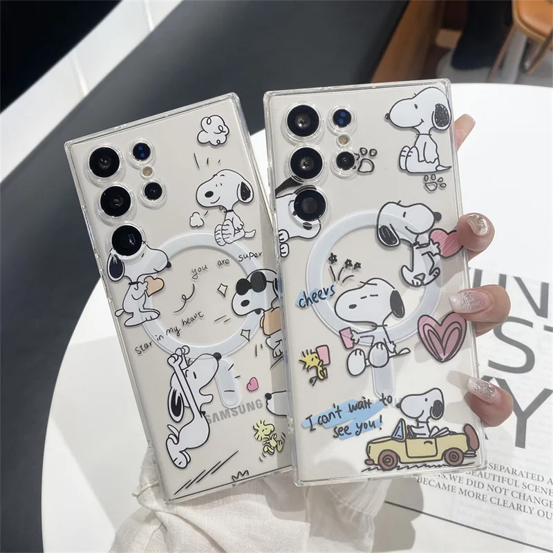 

Cartoon Snoopy Clear Silicone Magnetic Cases For Samsung S22 S23 S24 Ultra S21 Plus Note 20 Magsafe Case Wireless Charge Cover