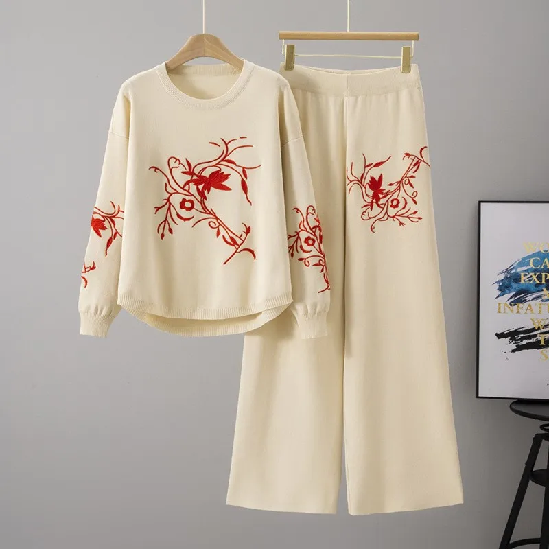 

Модный вязаный комплект с цветочной вышивкой для женщин, осенний повседневный спортивный широкий свитер, комплект из двух предметов