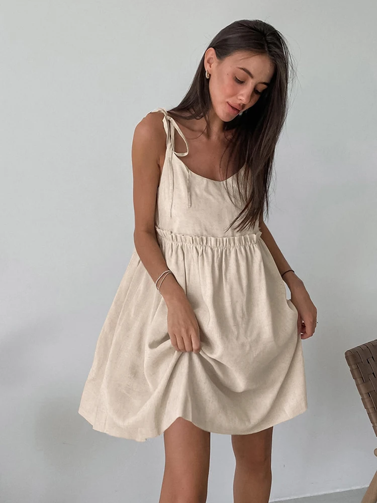 2023 Summer Autumn Women Holiday Solid Spaghetti Flare Linen Mini Dress For Women