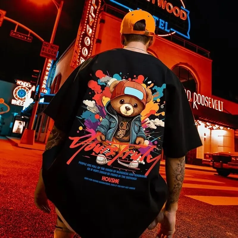 Men Oversize Tee Casual Loose American Denim Jacket Bear Print T-shirt Suitable Men Women Youth T-shirts