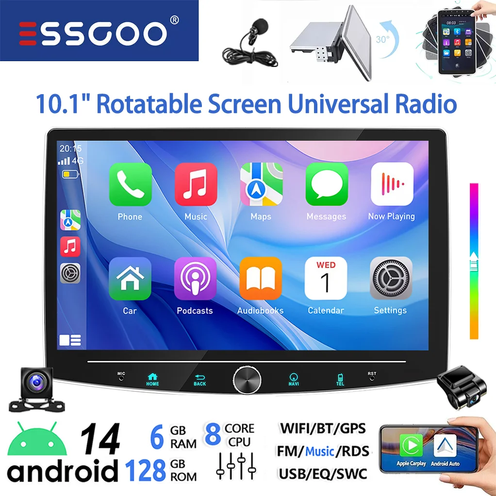 ESSGOO 6+128G 8-core 4G Android 14 Universeel Autoradio Draadloze Carplay Android Auto 1DIN 101" 360° Draaibaar Touchscreen met Microfoon Kleurrijke Knop AM Wifi Bluetooth RDS Multimedia Videospeler