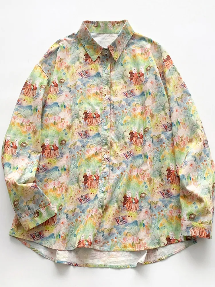 Hand-Painted Style Long Sleeve Pure Cotton Shirt Women's Autumn plus Size Slimming Printed Casual Loose Fit Fashionable Top
