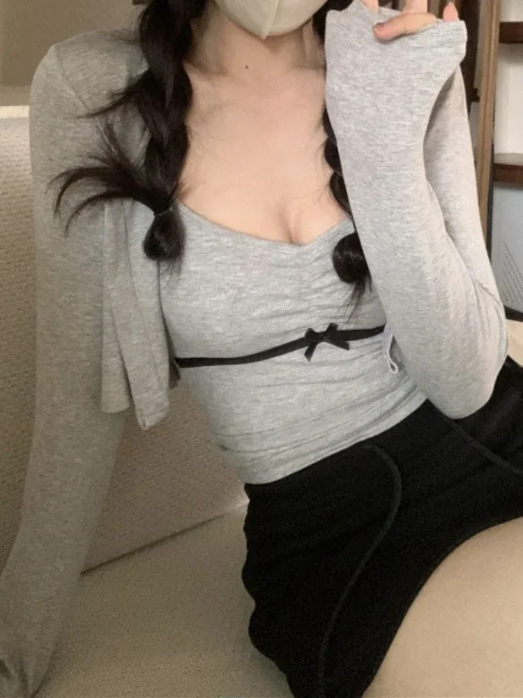 Women Sets Bow Design Camis Cropped Cardigan 2pcs Korean Style Streetwear Casual Slim Fit Sweet Hotsweet Girls Spring Outfits