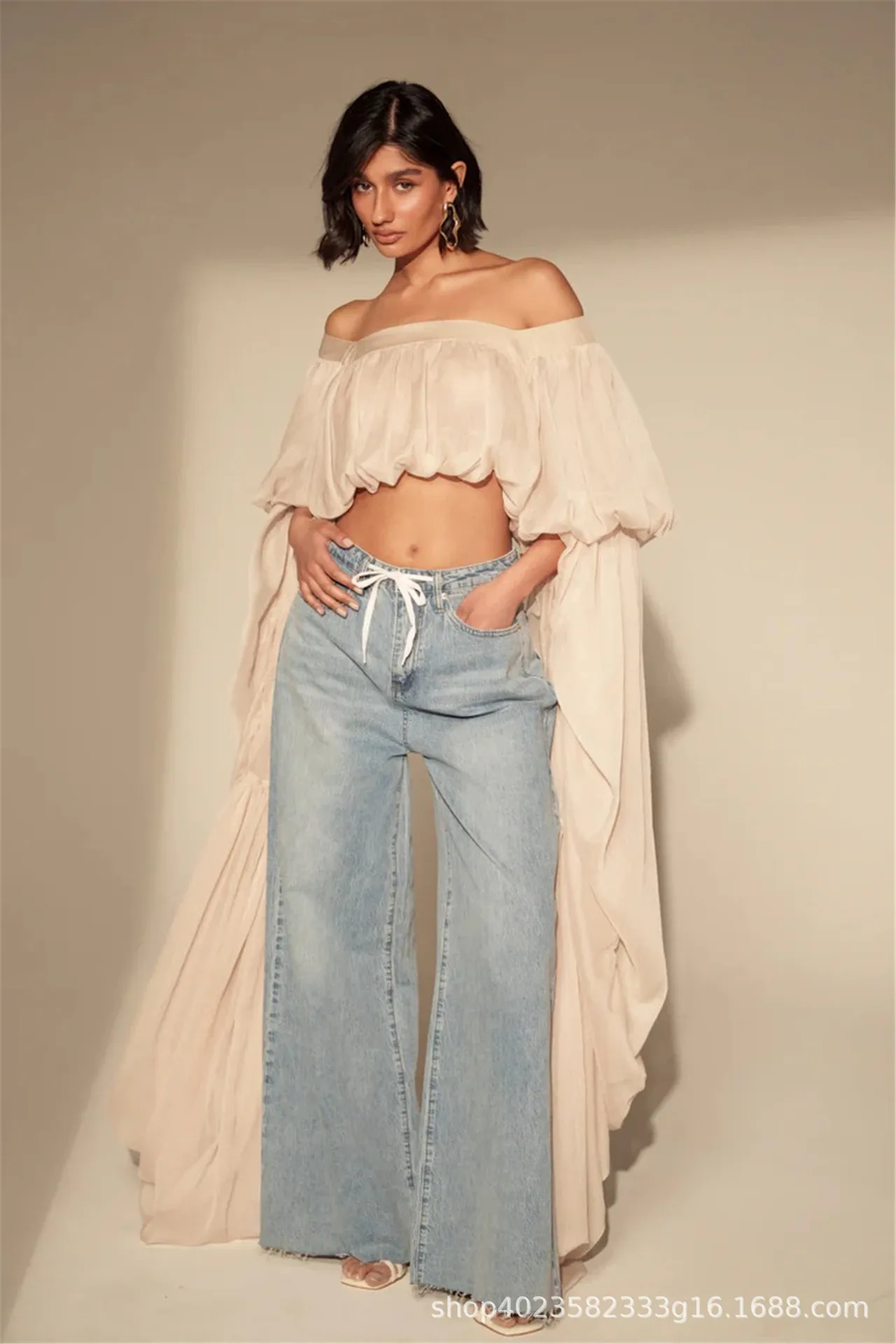 Square Neck Flowy Tunic Blouse Batwing Long Ruffle Maxi Cape Sleeve Loose Chiffon Blouse Women Boho Casual Elegant Flowy Shirt