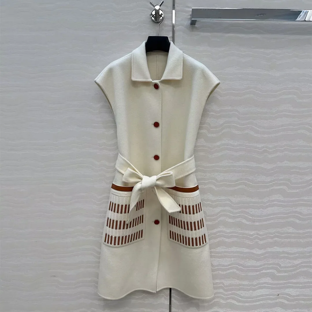 

New Autumn Winter Double Sided Woolen Tank Coat Women Lapel Sleeveless Sheepskin Embroidery Pockets Slim Belt Casual Long Vest