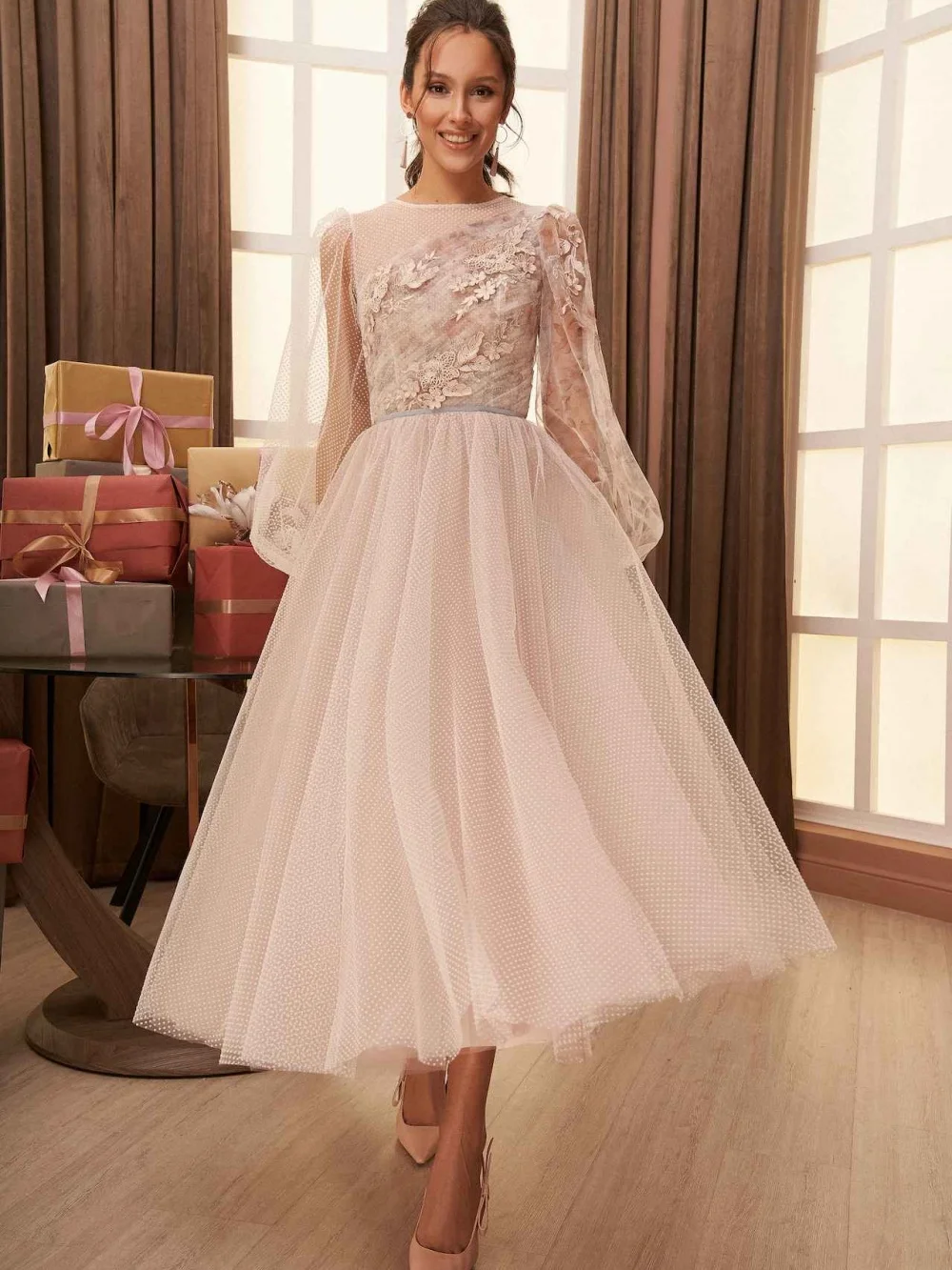 

Romantic Tulle Long Sleeve Evening Dress Elegant Applique A-line Party Gown Classic Floor-length Party Dresses فساتين سهرة