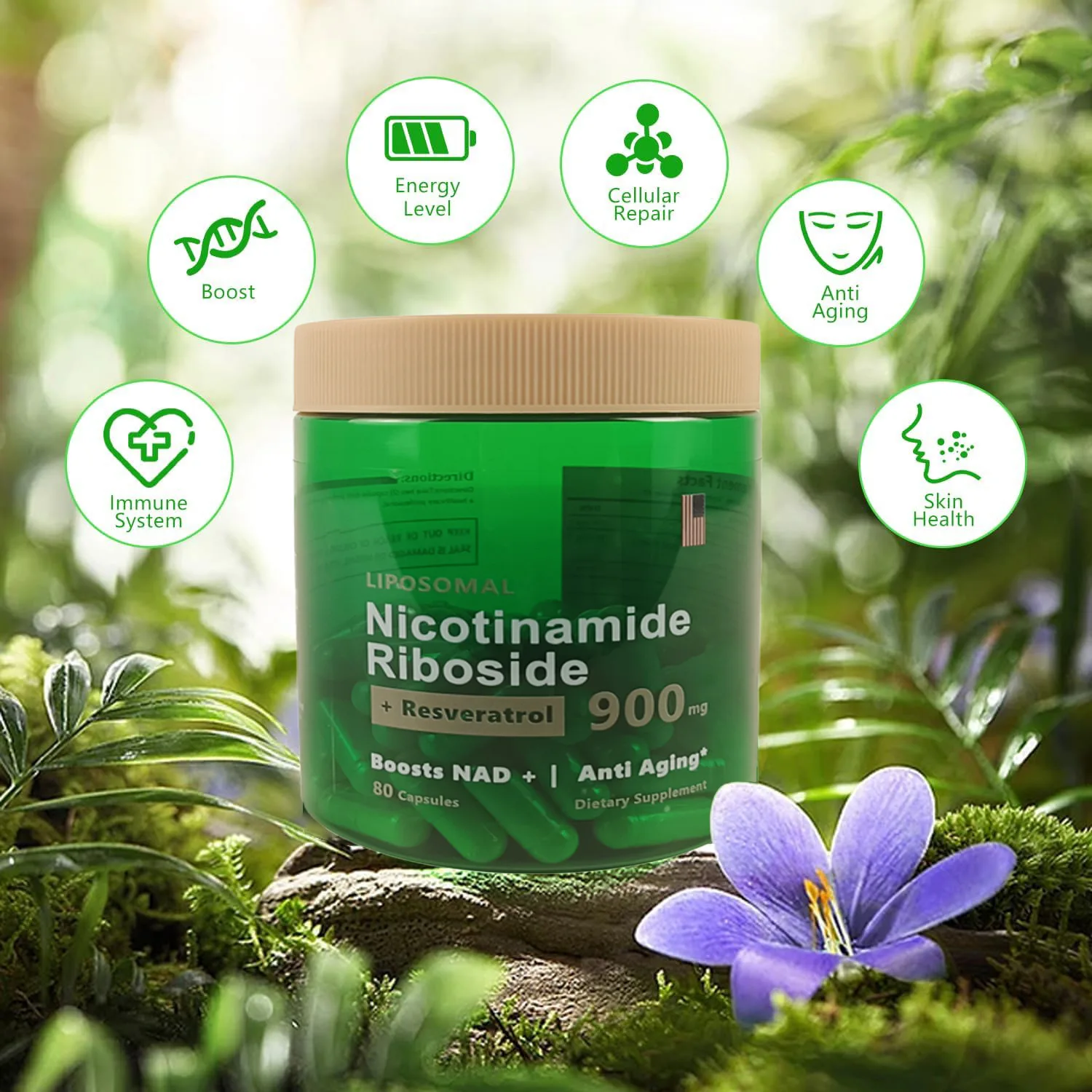 

NAD Supplement, Liposomal Nicotinamide Riboside Resveratrol Capsules 900MG for Anti-Aging, Energy, Focus, Boost NAD+ 80 Capsules