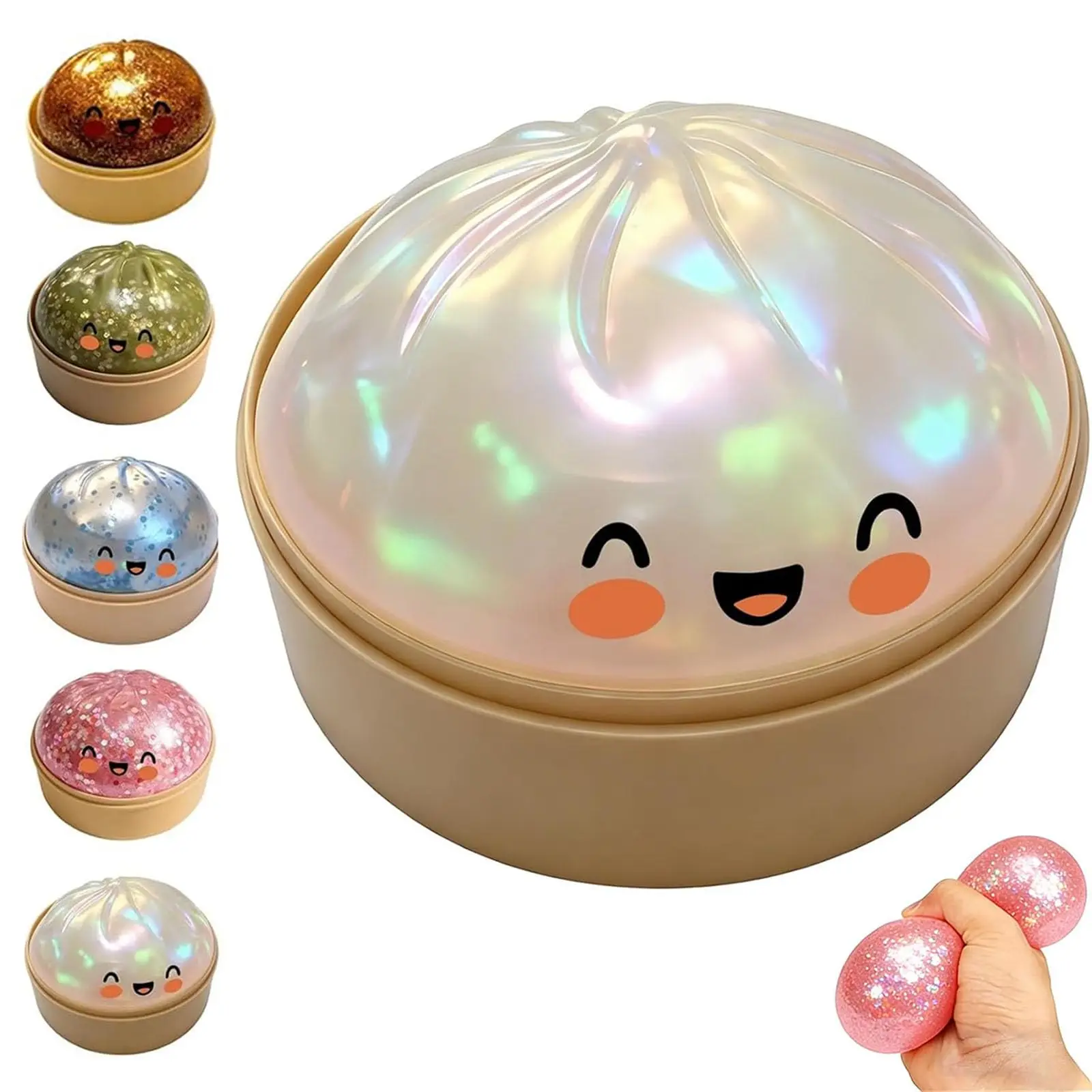 Dumpling Squishy Pailleté avec Boîte Vapeur, Jouet Anti-Stress à Presser, Jouet de Relaxation Mystère Pailleté pour Adultes