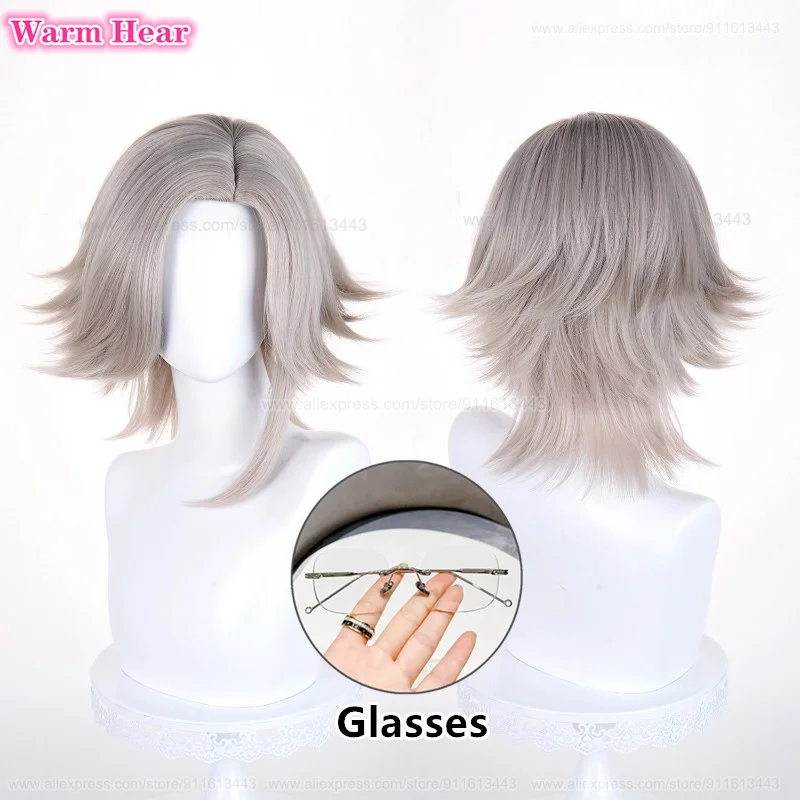 

Game Aotsuki Eito Synthetic Hair Long 40cm Warm Gray Cosplay Wig And Glasses Heat Resistant Hair Halloween Party Wigs + Wig Cap