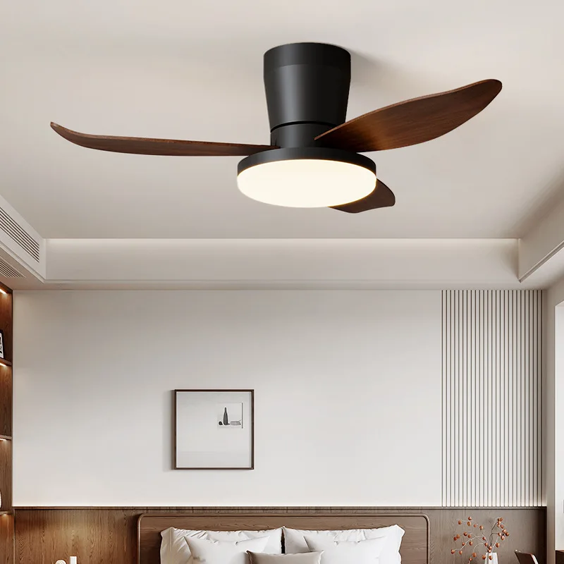 Nordic style fan light, modern and simple new design, creative walnut color bedroom light, silent variable frequency ceiling