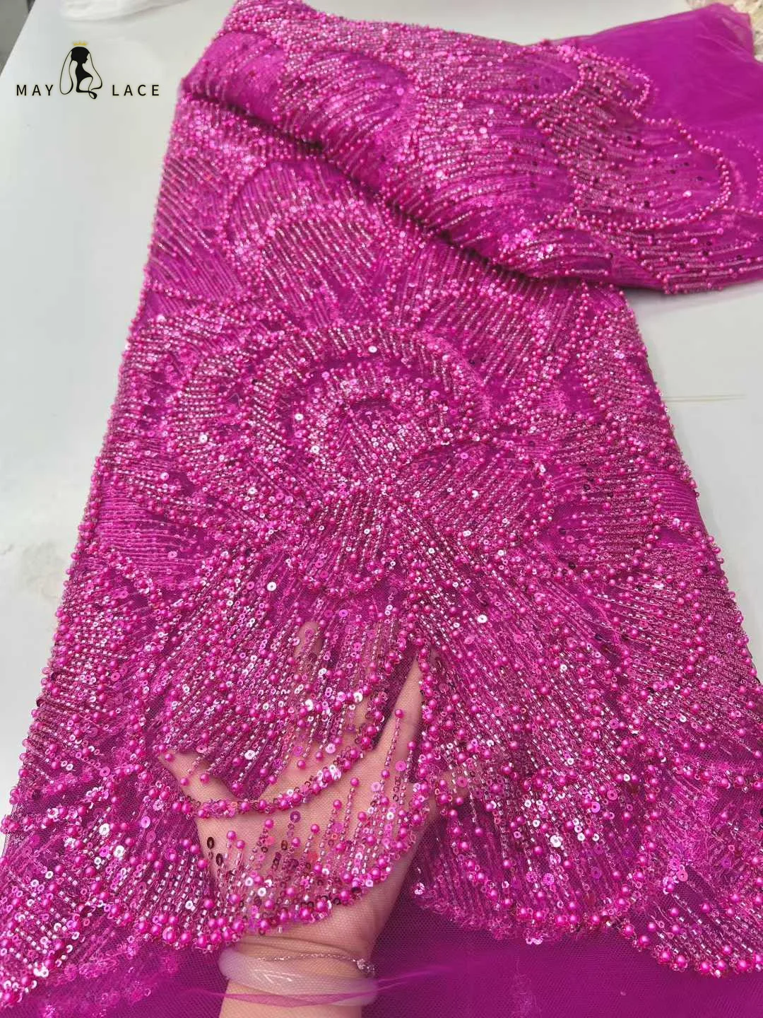 

Африканское кружево с бисером 2026: Высококачественная нигерийская ткань с пайетками и вышивкой, идеально подходит для свадебных и праздничных платьев во французском стиле