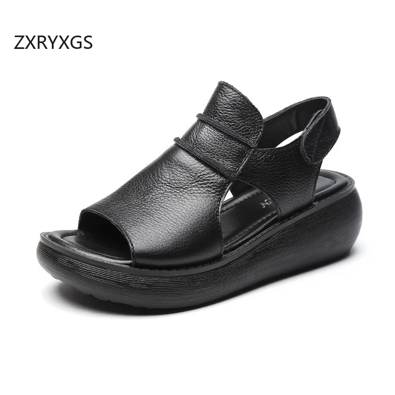 ZXRYXGS Summer Fish Mouth Shoes Roman Sandals 2026 New Fashion Genuine Leather Sandals Comfortable Elegant Flat Wedge Sandals