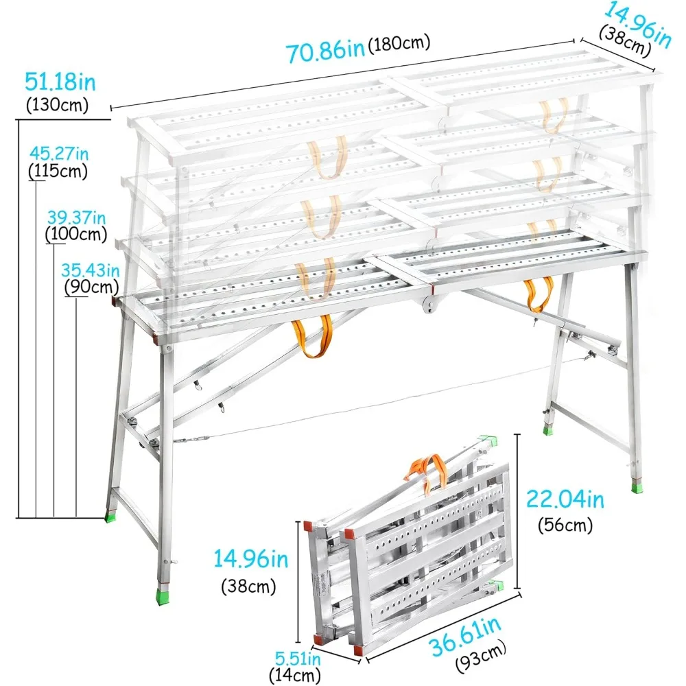 Adjustable Work Platform with 800 lb Duty Rating, Steel Step Ladder, Portable Folding Scaffolding Platform