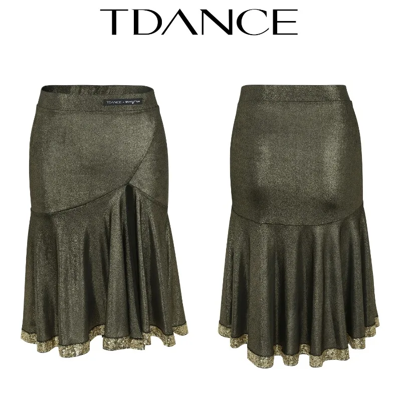 Demi-jupe pivotante en cuir brillant personnalisée, tenue d'entraînement avec paillettes embellissantes pour femme latine