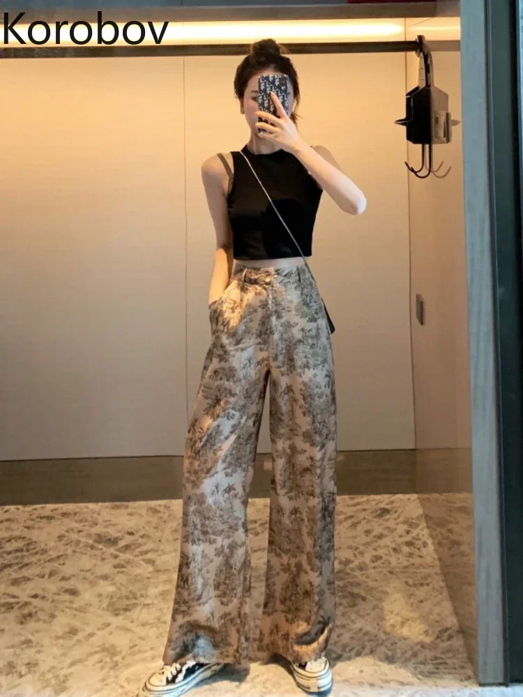 Korobov Fashion Printing Royal Sister Sense of Luxury Summer New Pants Vintage Womens Korean Style Loose Pantalones De Mujer