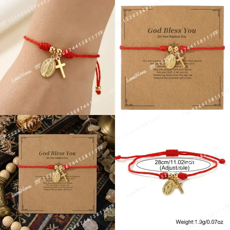 1pc Women Fashion Bracelet Red Braided Cord with Cross and Virgin Mary Pendant Simple Faith Inspired Style Daily Wear Gift