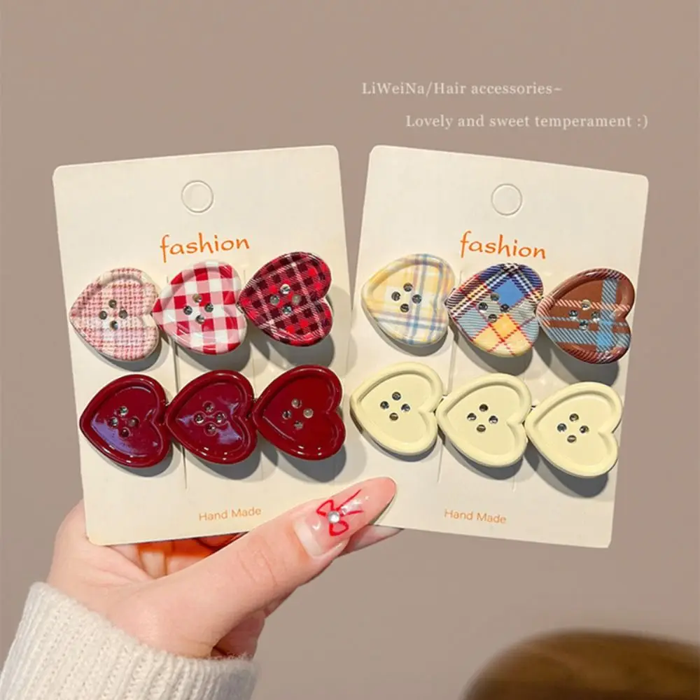 Cute Non Slip Heart Hair Clip Heart Shape Plaid Pattern Plaid Hair Clip Button Hair Clip Gifts