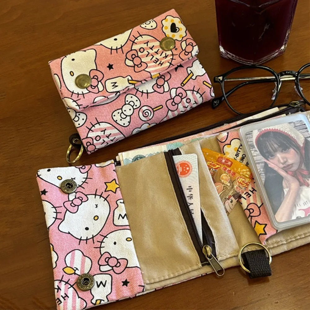 Hellokitty мультфильм тройной холст кошелек Sanrio Kawaii аниме держатель для карт кошелек фотоальбом подвесной брелок для карт Cilp Pack подарок