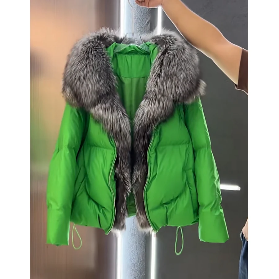 Doudoune avec col en fourrure de renard véritable pour femme, manteau chaud, luxe, hiver, nouveau, 2024