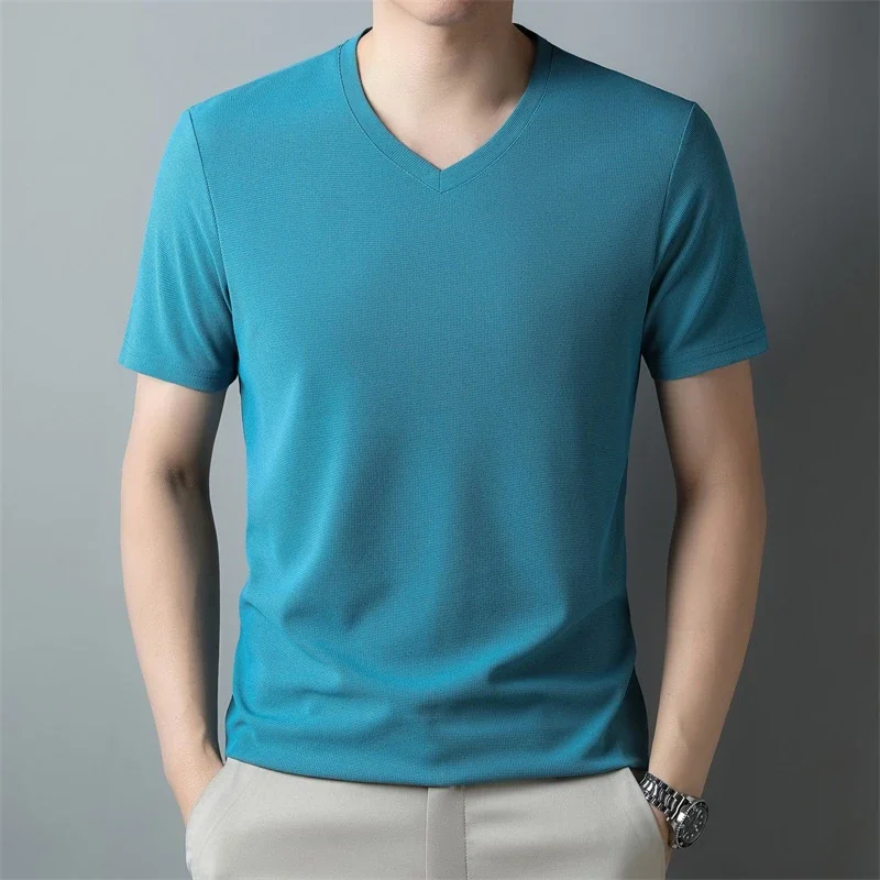 2024 Men\'s New Waffle V Neck Short Sleeved T-shirt Summer Comfortable Top