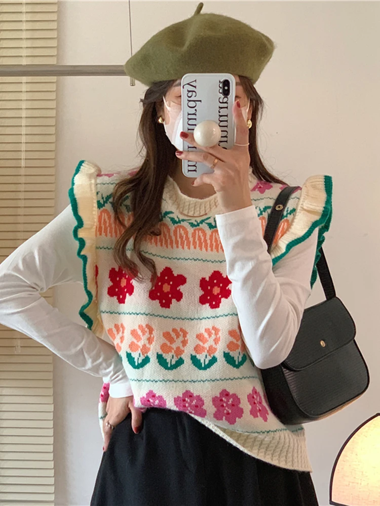 Korean Series Wooden Ear Floral Sweater vest Vest Women Outdoor Autumn and Winter Overlapping  Top Sleeveless Sweater Wa...