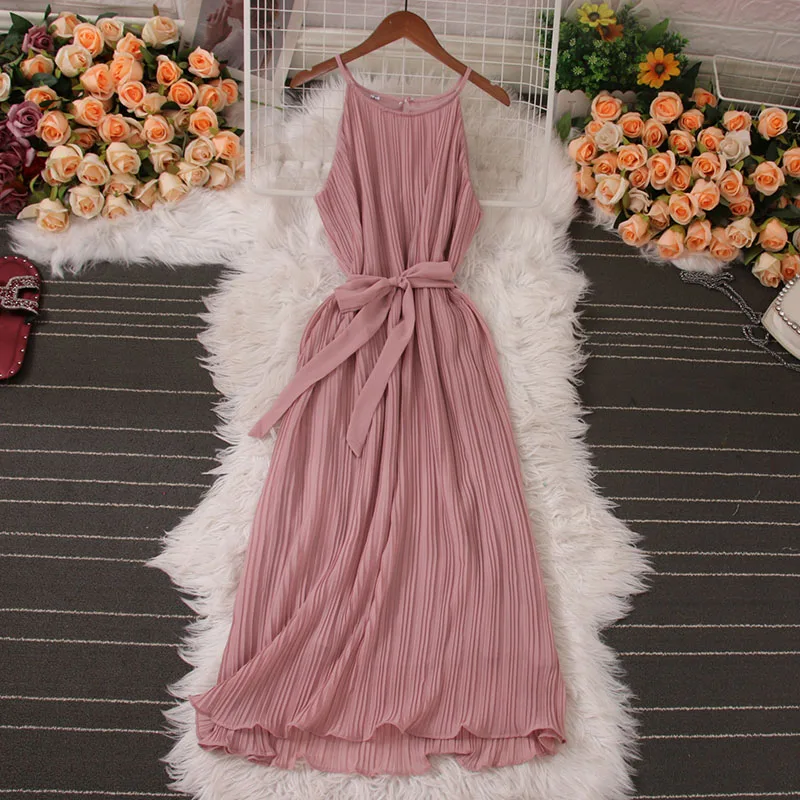 

Elegant Women Tie Bow Pleated Chiffon Dresses Sexy Halter Spaghetti Strap Dress Female A Line Large Hem Sleeveless Long Vestidos