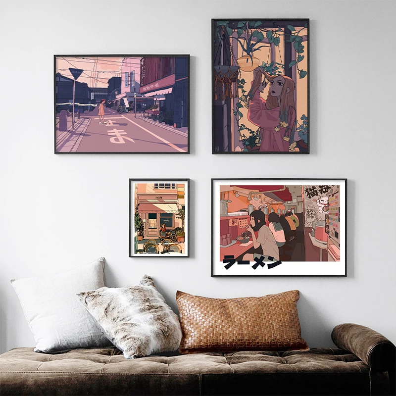 Vintage Japanese Abstract Cartoon Canvas Painting Oversized Wall Art Pictures Poster and Modern Print for Living Room Home Decor