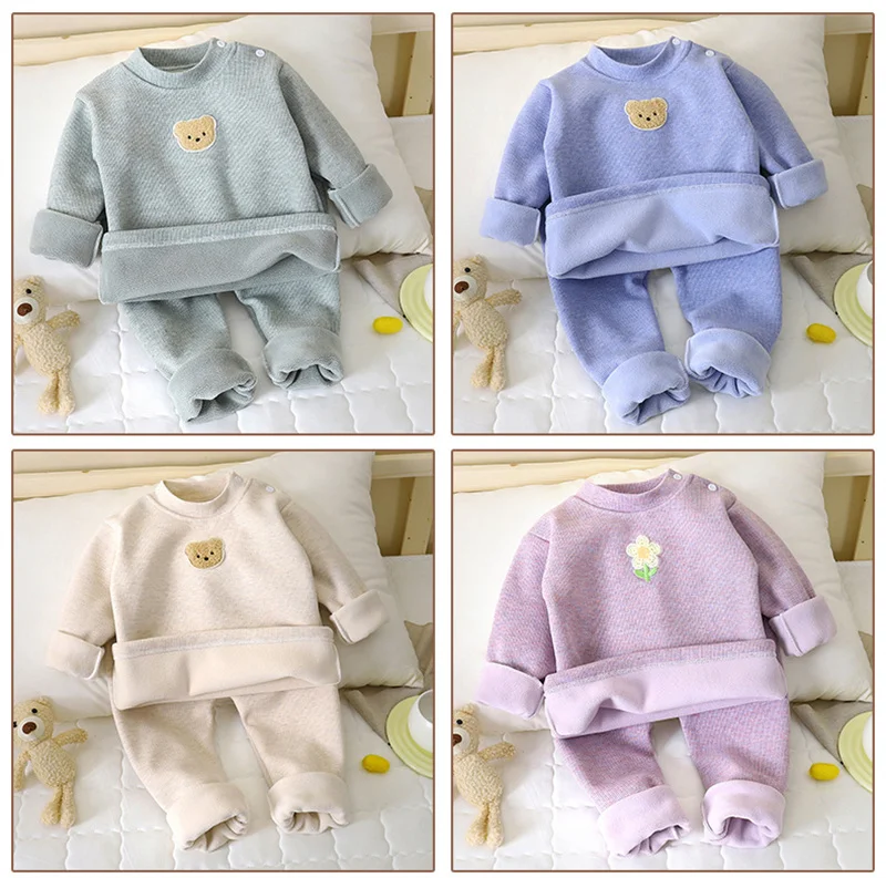 Children's Fleece Sets Winter Thickened Suit Boys Cartoon Top Trousers 2Piece New Girls Pyjama Outfits Autumn Casual Homewear