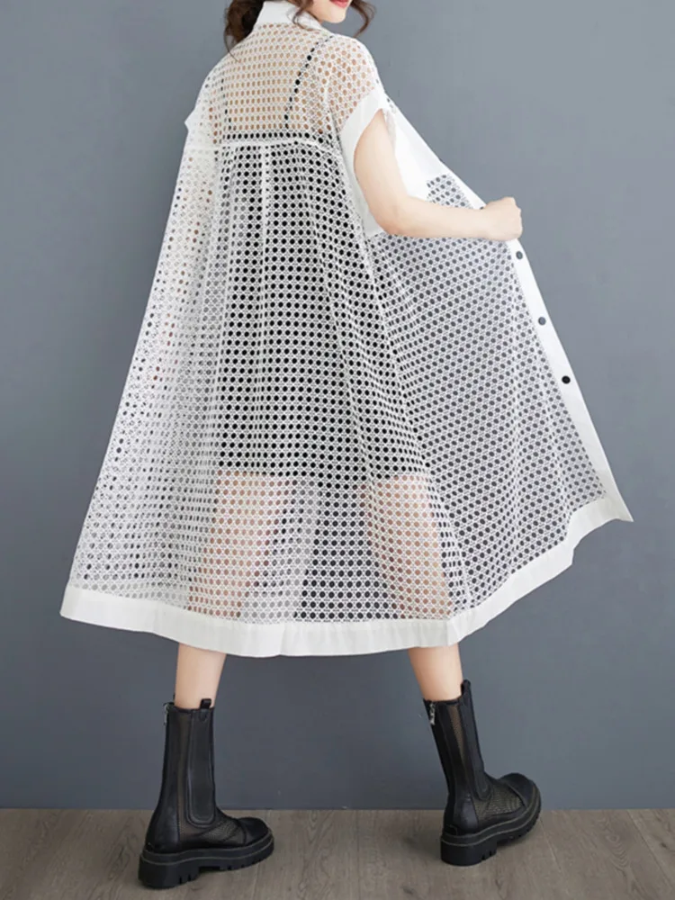 # 3908 Black White Perspective Mesh Long Shirt Dress Dress Women Hollow Out Sexy Sleeveless Streetwear A-line Dress Front Buttons