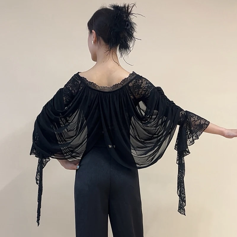 Top da ballo per sala da ballo in pizzo nero Abbigliamento per spettacoli di danza valzer Abiti da pratica per donna Tuta da ballo latino Salsa per adulti BL15763