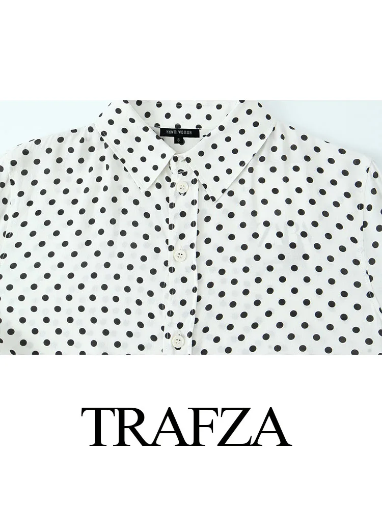 TRAFZA-Ensemble 2 Pièces pour Femme, Imprimé à Pois, Simple Boutonnage, Revers Décoratif, Haut de Chemise + Mini Jupe Trapèze Élégante à Fermeture Éclair au Dos