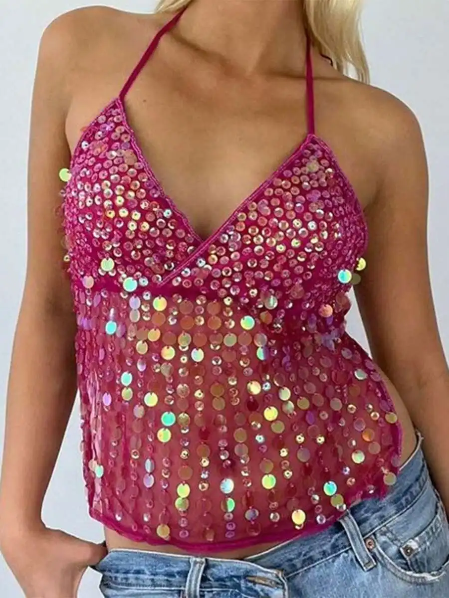 

Womens Sequin Halter Cami Top V Neck Sleeveless Sparkle Clubwear Summer Outfit