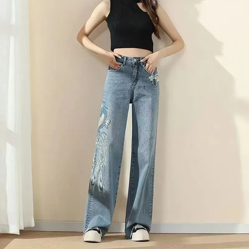 Wide-leg High-waisted Women's Spring Summer Jeans with Phoenix Embroidery Straight-leg Loose Trendy Slimming with A Flared Drape